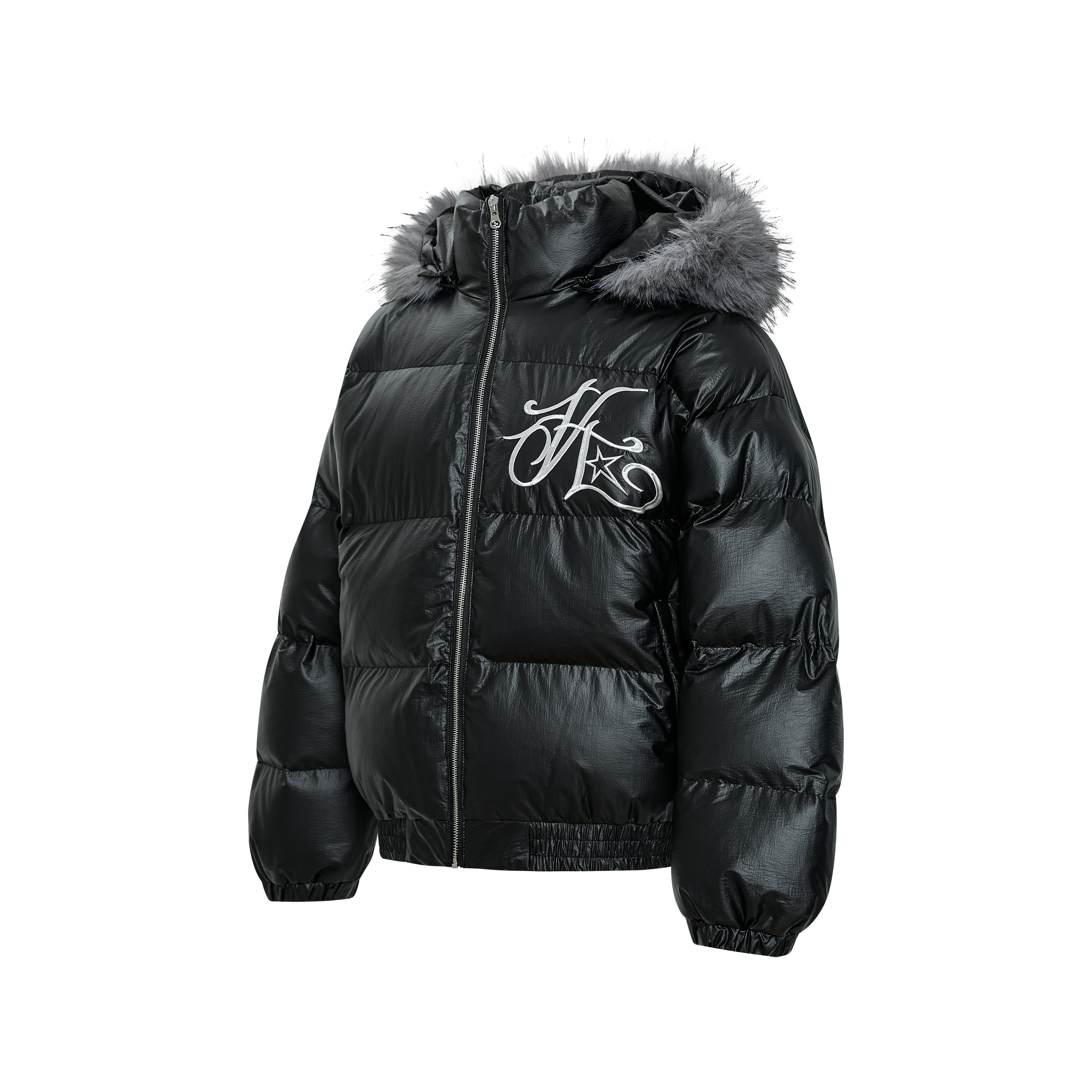3-6-5.shop Shiny Fur-Trim Embroidered Puffer Jacket