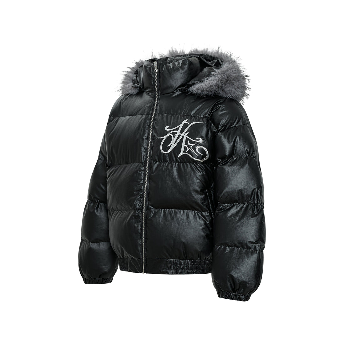 3-6-5.shop Shiny Fur-Trim Embroidered Puffer Jacket