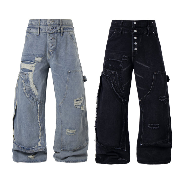 3-6-5.shop Distressed Panel Denim Pants